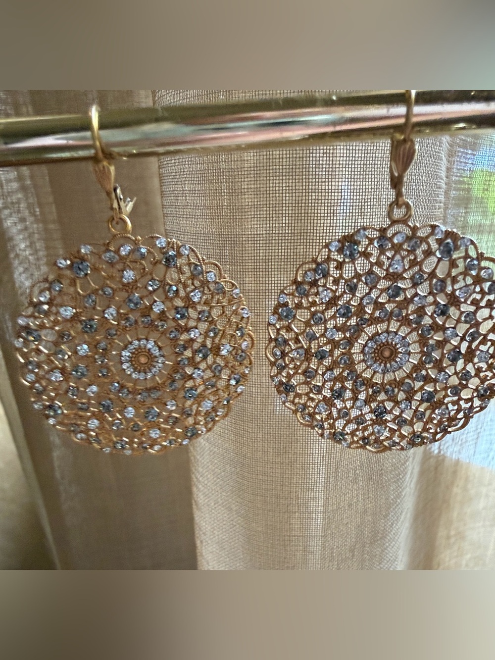 Catherine Popesco Earrings 14K Gold Plated Filigree Round Lace Medallion Crystal
